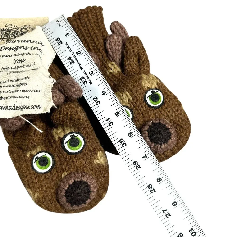 Kids Wool Knit Mittens Fleece Lining Deer Nirvanna Design Hand Made Nepal M/L